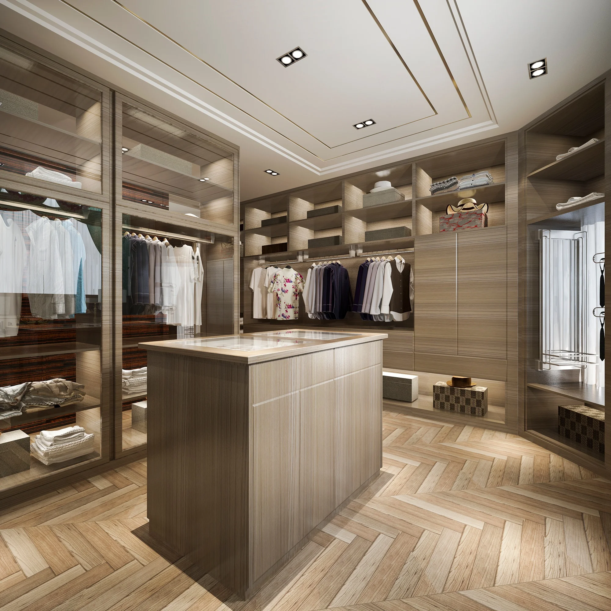 3d rendering minimal scandinavian wood walk in closet with wardrobe